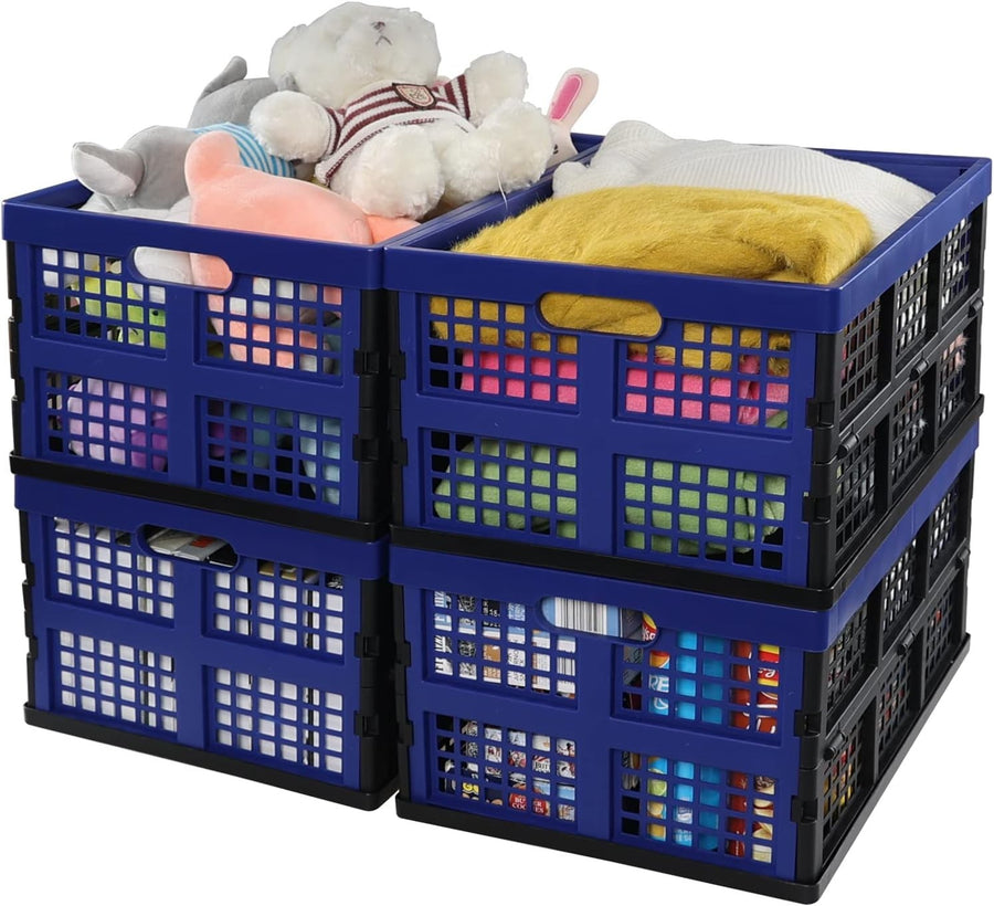 4 Pack 32L Folding Plastic Storage Crates Stackable 44.5x33.6x23cm