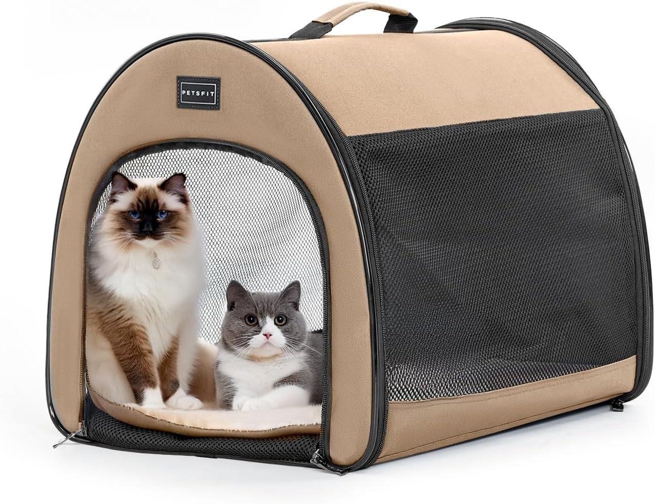 Soft Dog Crate 67x50x50cm Portable Travel Carrier Cat Kennel with Mat Khaki