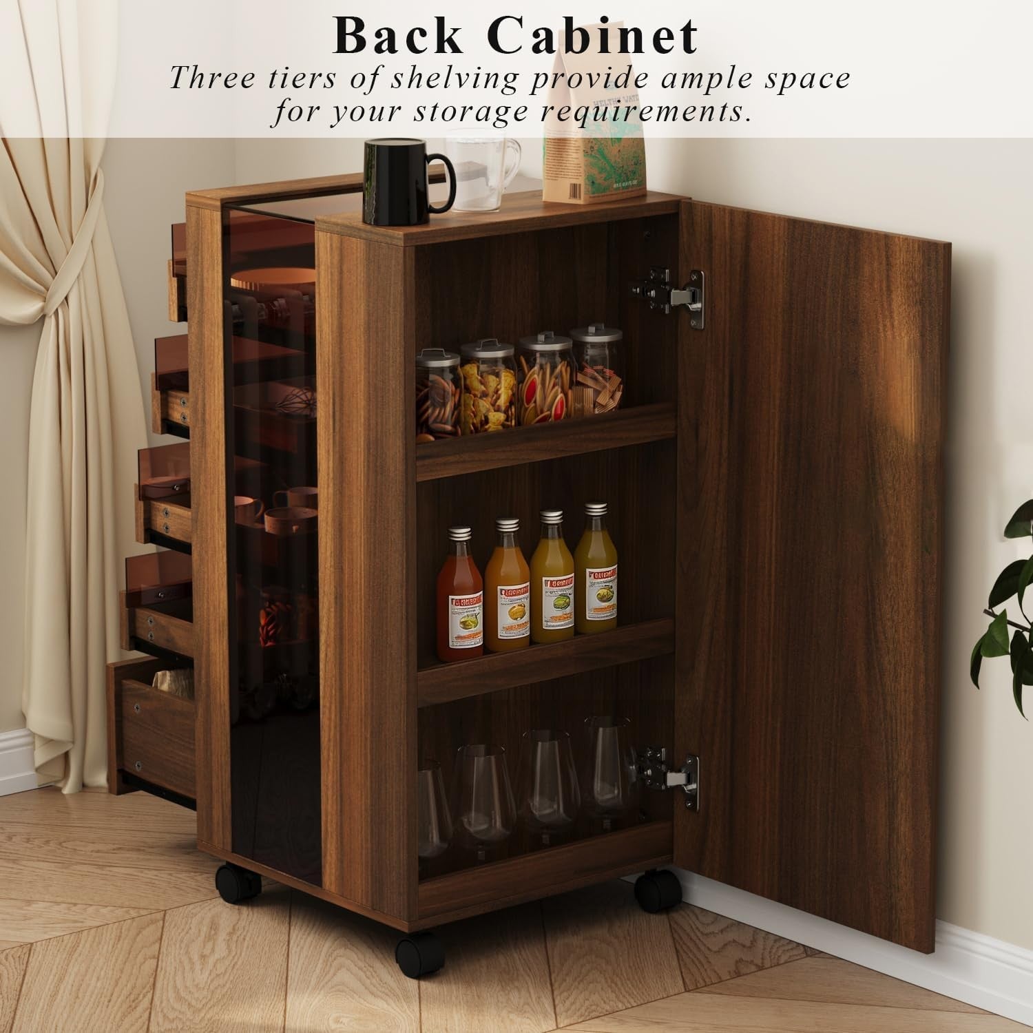 Glass Drinks Trolley on Wheels 5 Drawer Bar Cart Storage Cabinet Walnut