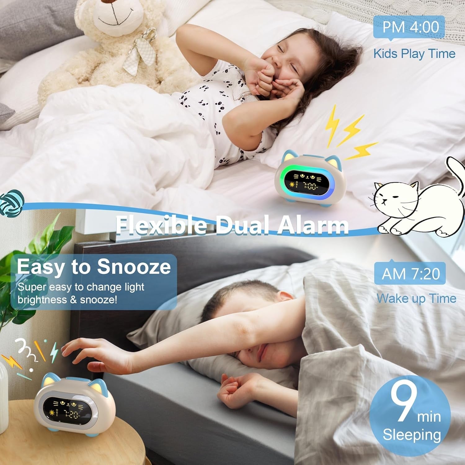 Kids Sleep Training Alarm Clock Dual Alarm Colour Night Light Snooze Timer