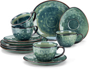 12pc Ceramic Tea Cup Saucer & Dessert Plate Set 270ml Green