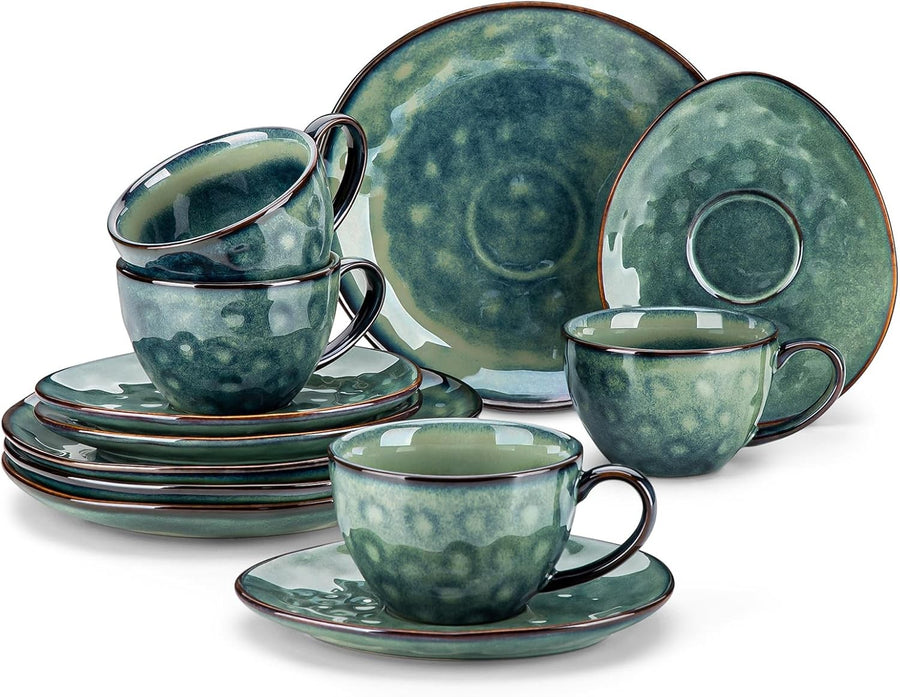 12pc Ceramic Tea Cup Saucer & Dessert Plate Set 270ml Green