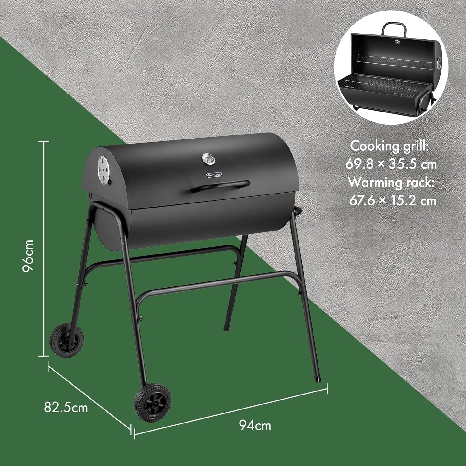 Portable Charcoal BBQ Grill with Smoker | Large Barrel Drum Grill | Warming Rack