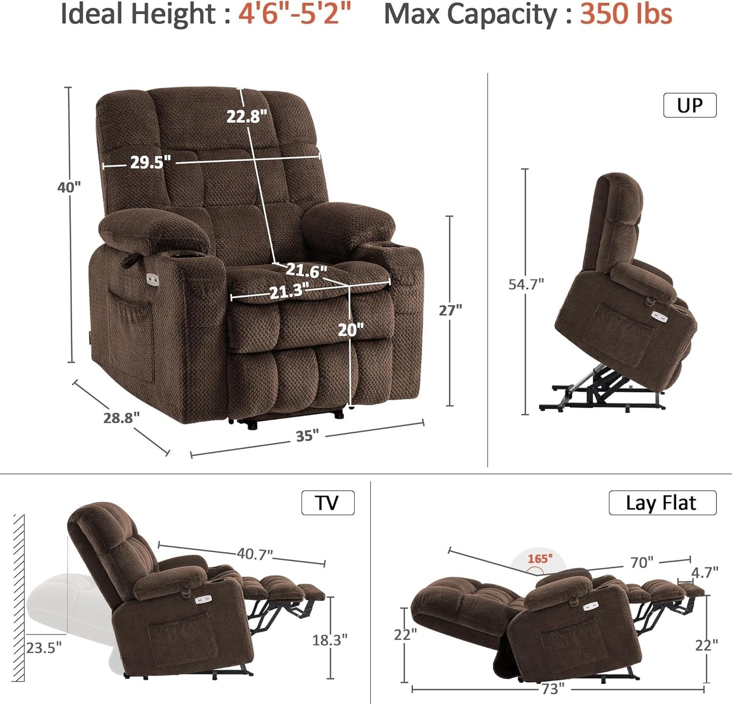 Brown Dual Motor Riser Recliner Chair Infinite Position Heated Massage USB
