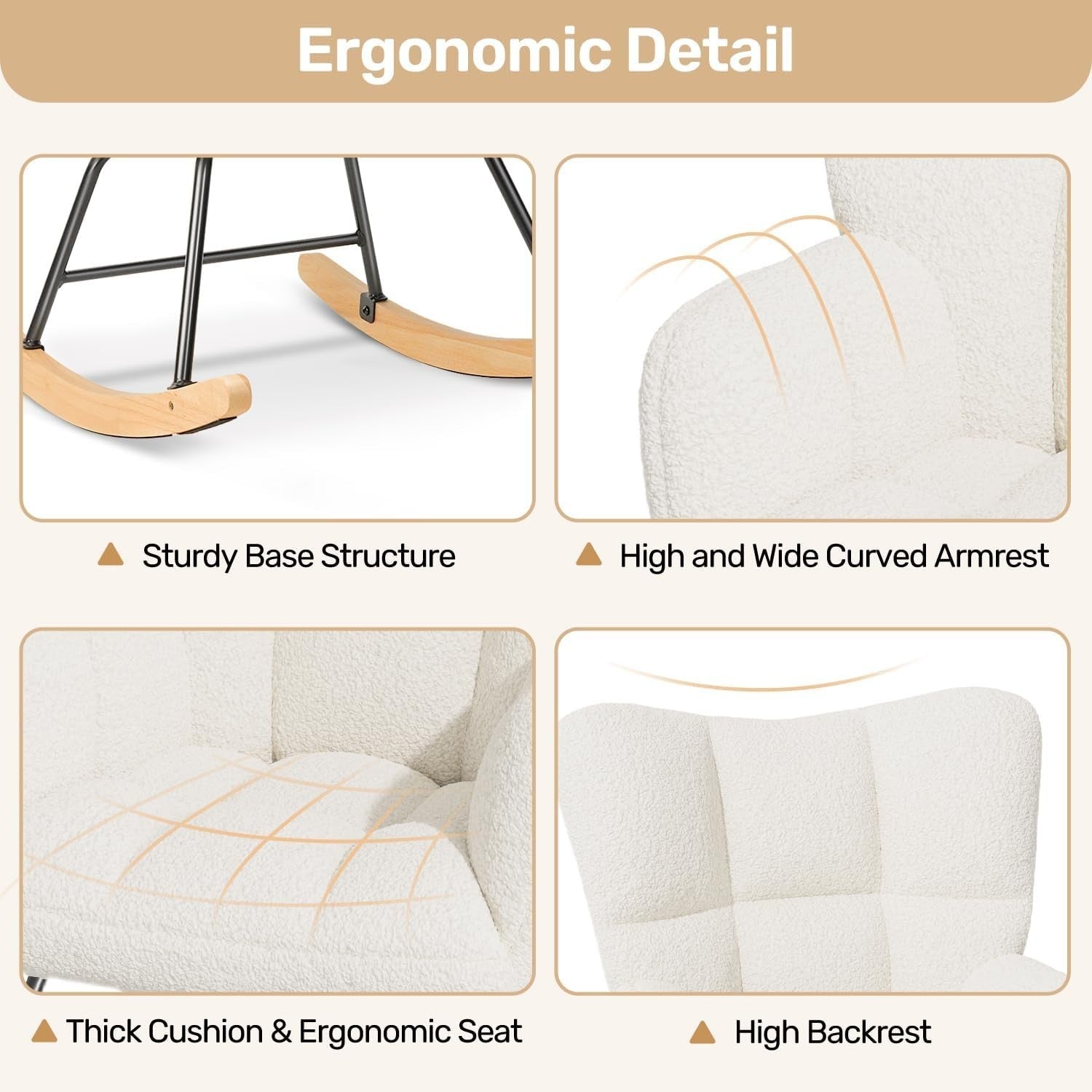 Ivory Rocking Chair Tufted Lambswool Armchair Nursery Lounge Seat