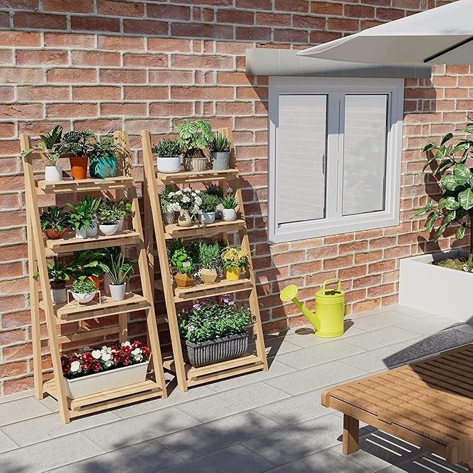 4 Tier Wooden Ladder Plant Stand Foldable Shelf Indoor Outdoor Display Rack