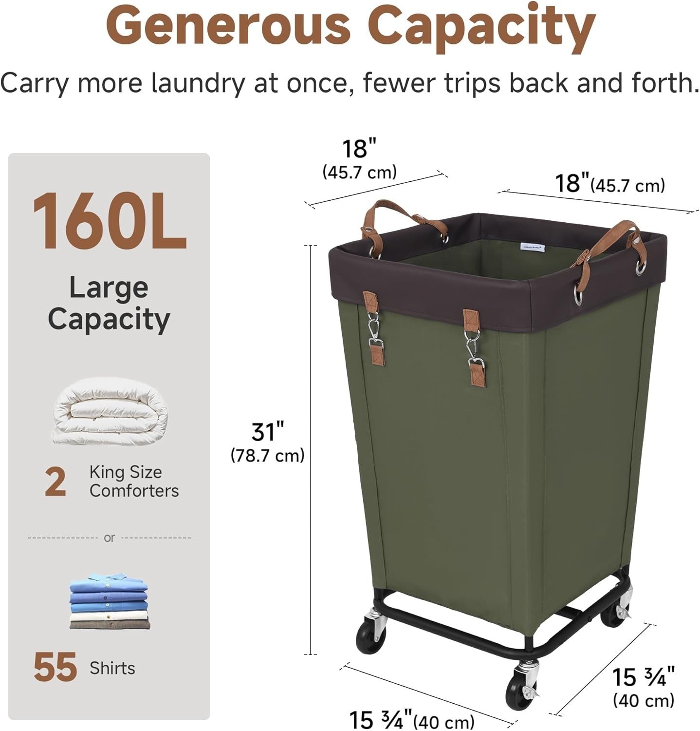 160L Heavy Duty Laundry Hamper with Wheels | Large Rolling Clothes Basket Green
