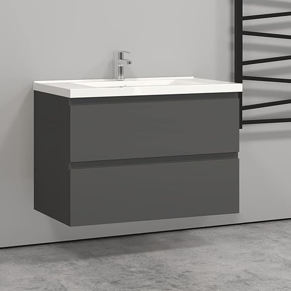 800mm Grey Wall Hung Bathroom Vanity Unit with Basin Sink 2 Drawer Storage