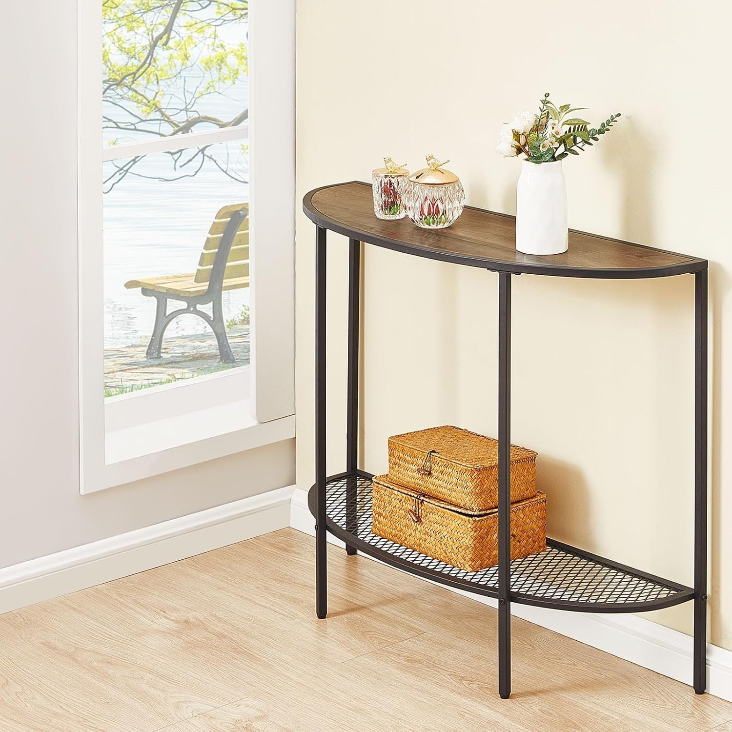 Slim Half Moon Console Table Grey with Shelf, Narrow Entryway Hall Table