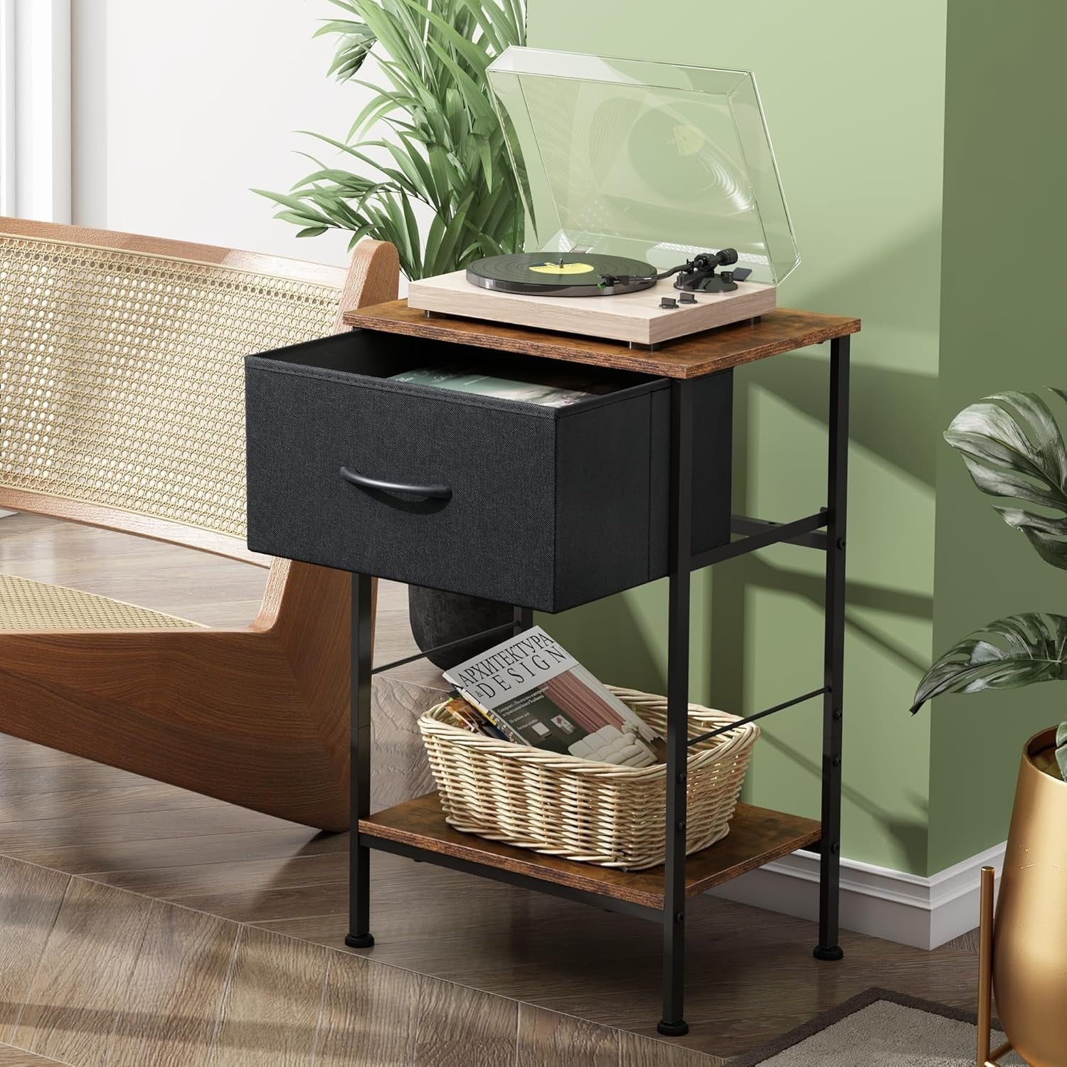 Rustic Brown 2-Tier Bedside Table with Drawer – Slim Nightstand Storage