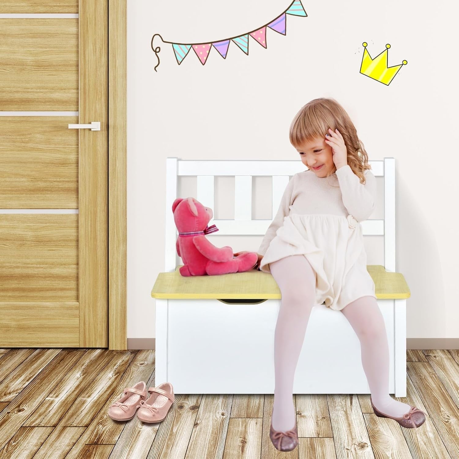 Kids Wooden Table Chair Set with Storage Bench 4pc Toddler Furniture
