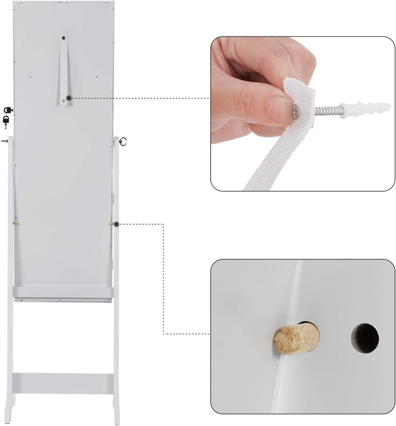 LED Full Length Mirror Jewelry Cabinet Lockable Standing Organizer White