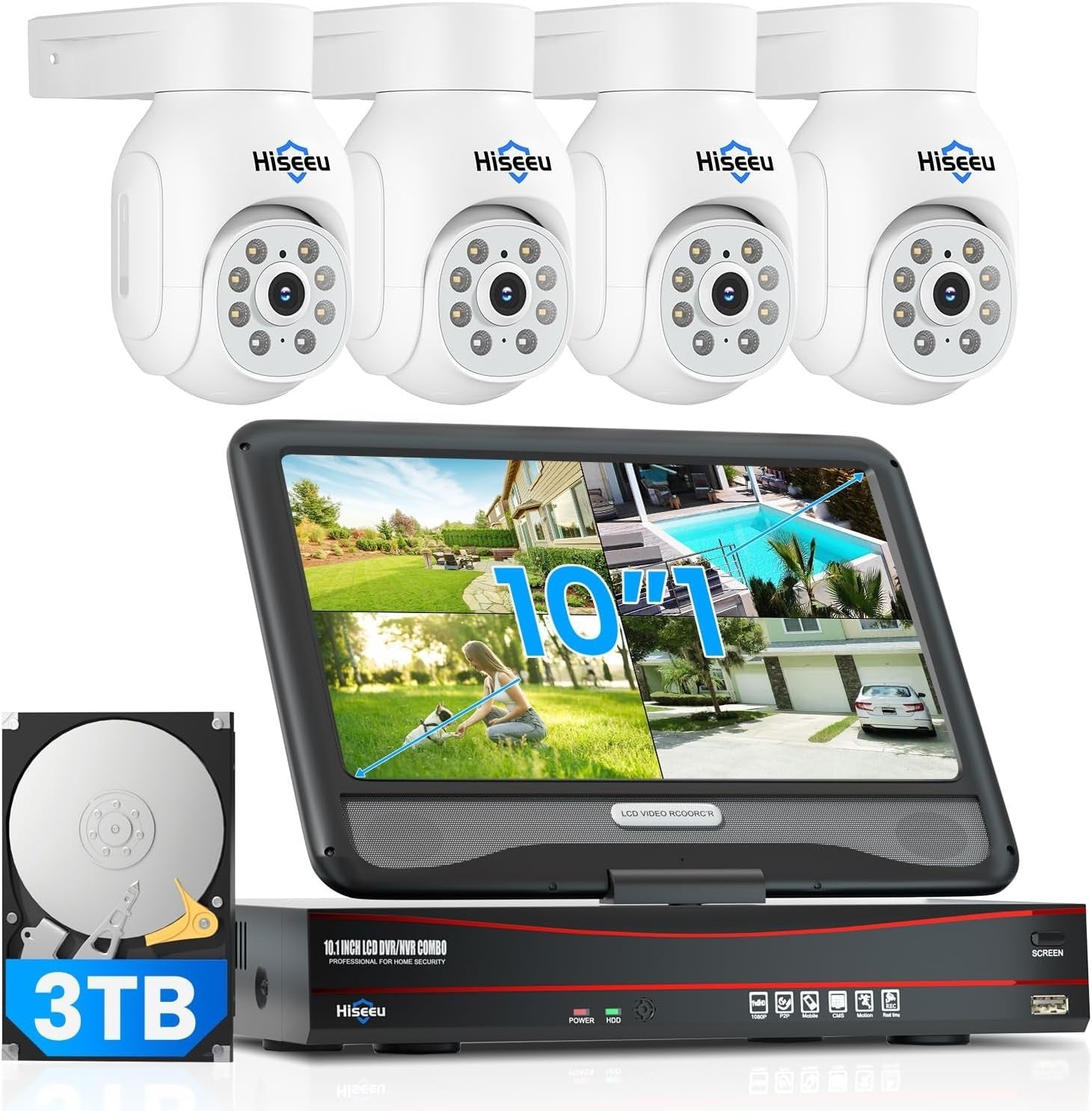 5MP PoE CCTV Camera System 3TB HDD 10" Monitor 4 Cameras Night Vision