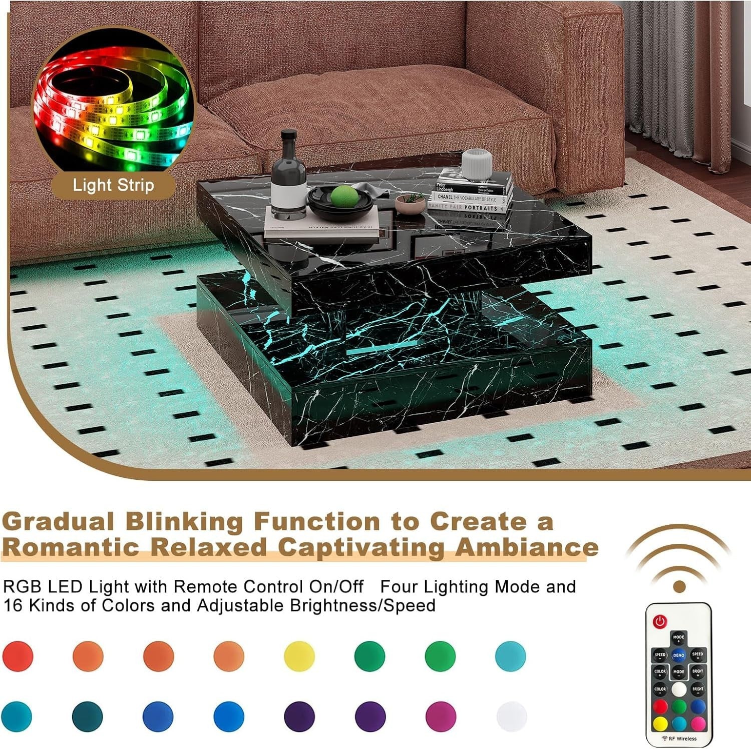 Black Marble LED Coffee Table with Storage, 2-Tier Square 78x78cm