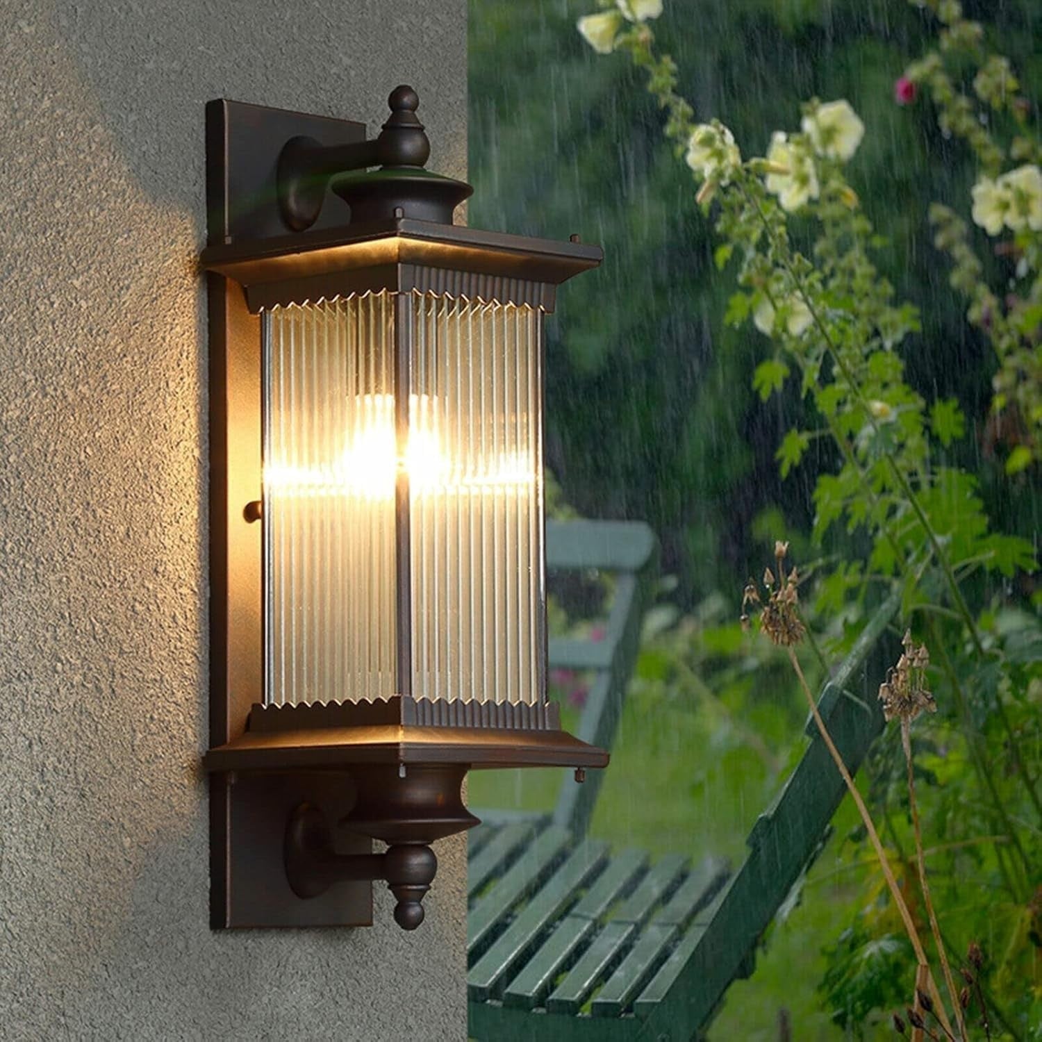 Elegant Brown Outdoor Wall Lantern, Vintage Garden Light Fixture with Glass Shad