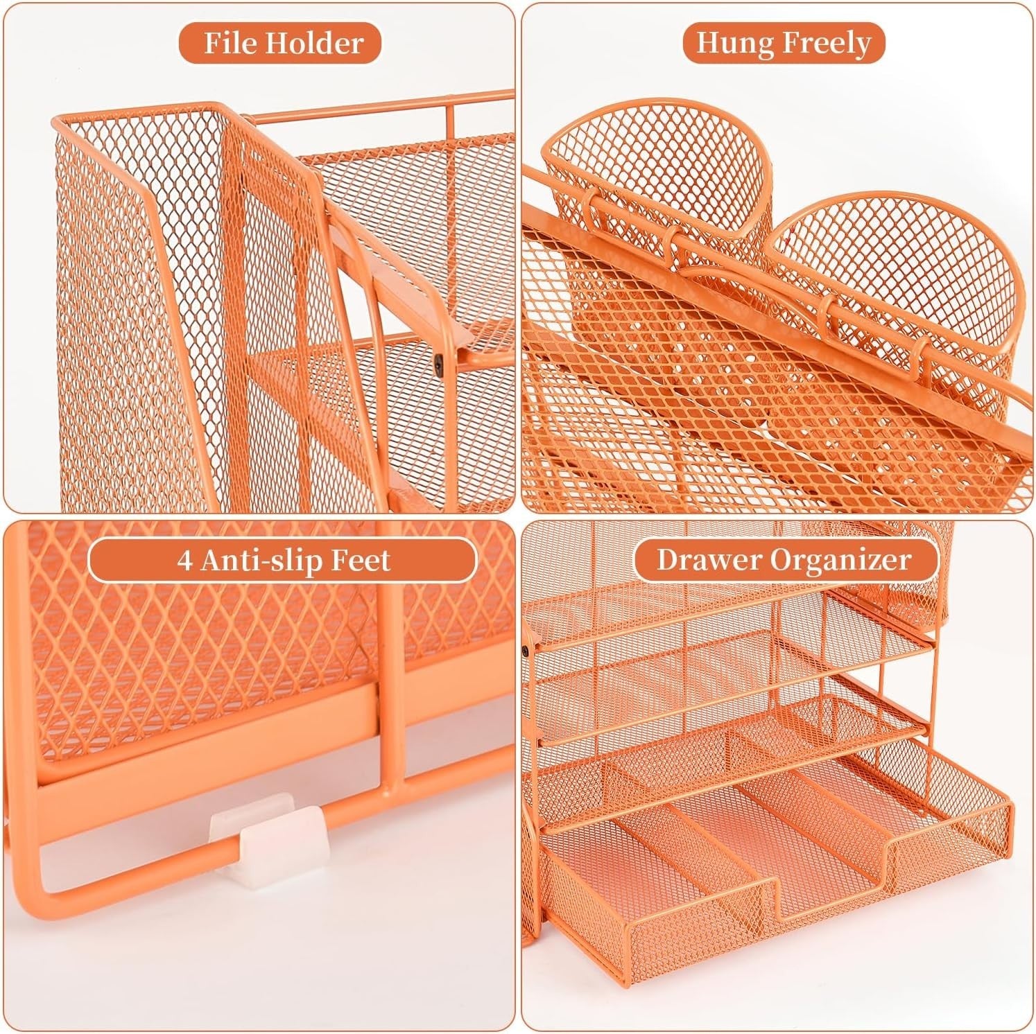 4-Tier Desk Organizer Metal File Holder Drawer Pen Storage Orange