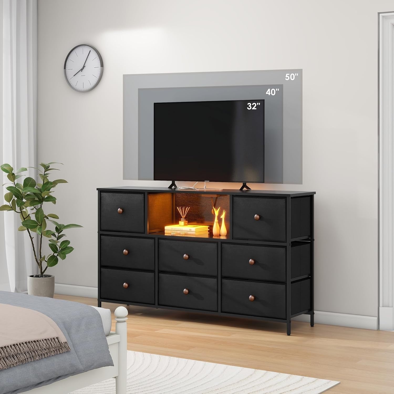 Wide 8-Drawer Chest Dresser TV Stand with LED Lights & USB Charging Ports