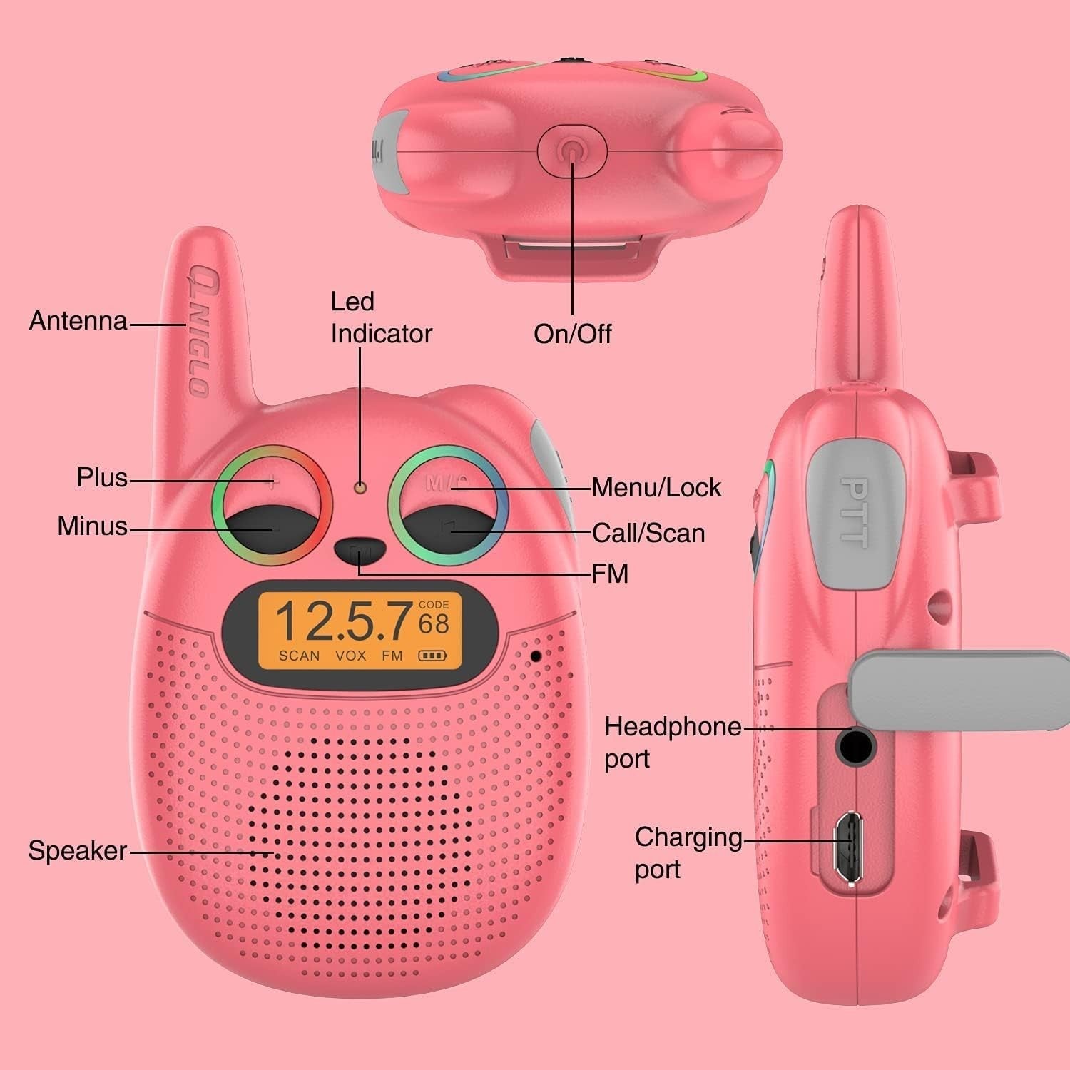 Kids Rechargeable Walkie Talkies Watch Style FM Radio VOX Long Range
