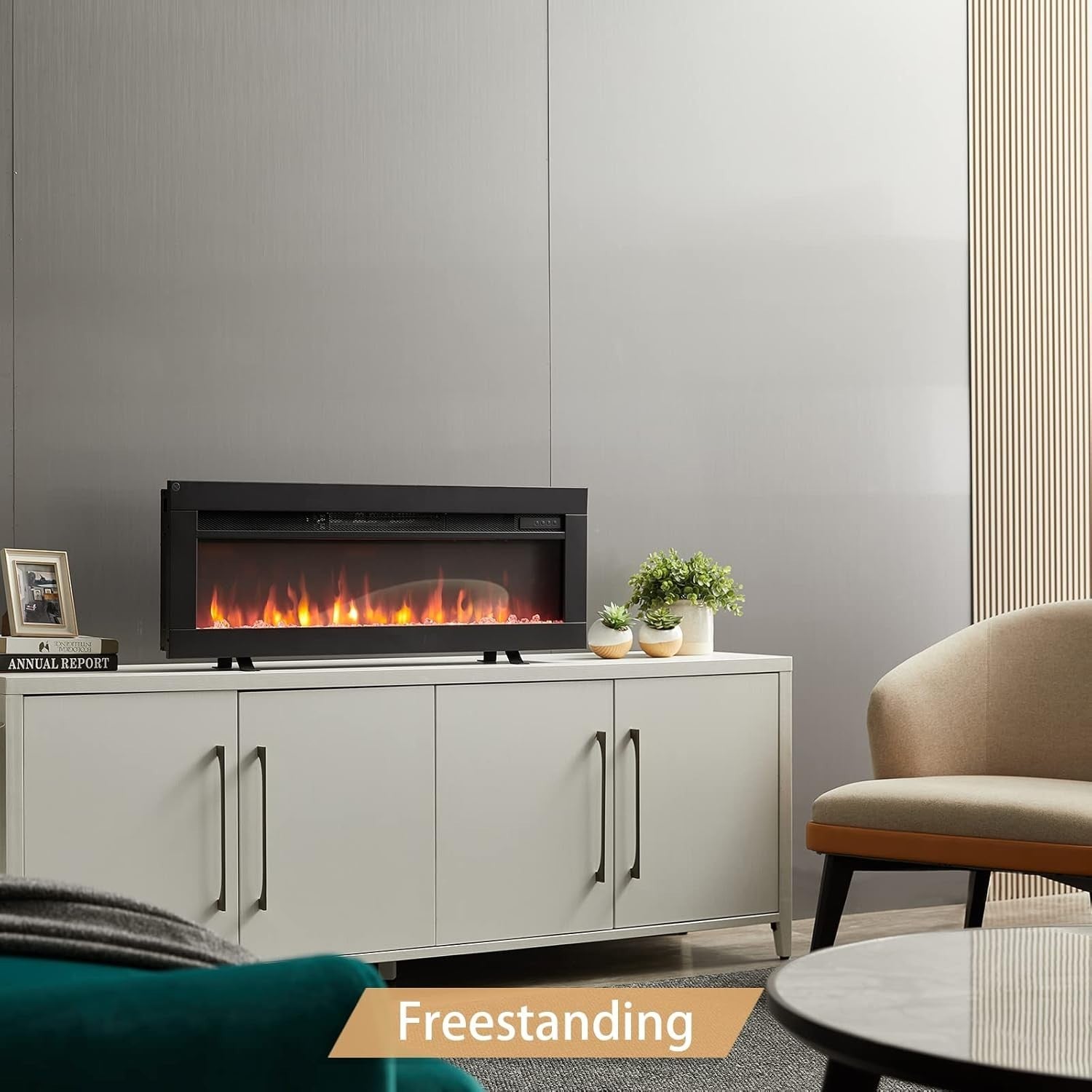 36” Wall Mounted Electric Fireplace Heater LED Flame Logs Remote 1800W