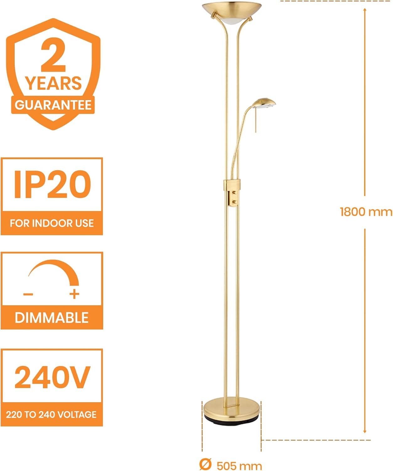 Mother & Child Uplighter Floor Lamp Satin Brass Reading Light Dimmable