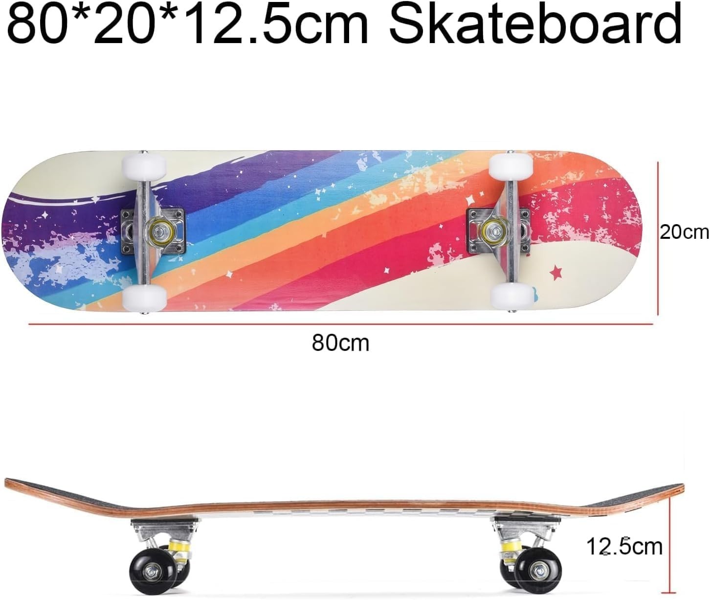 31in Beginner Skateboard Double Kick Maple Deck Rainbow Stripes + T Tool