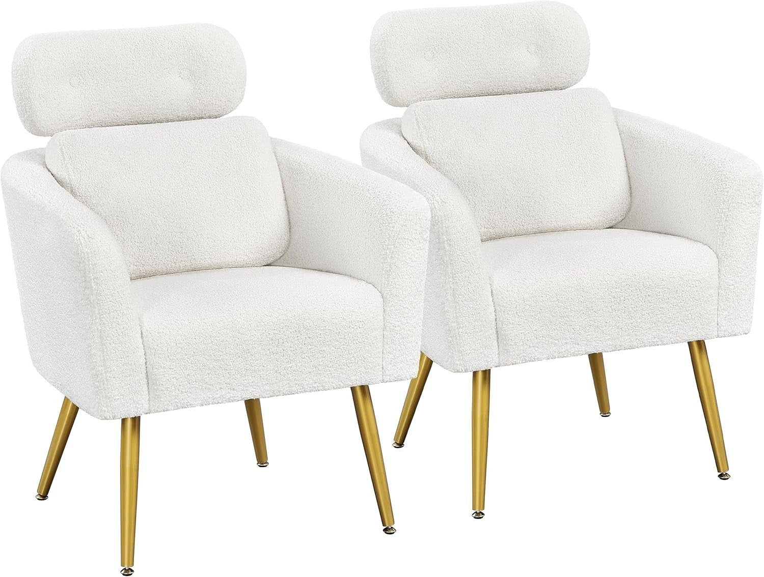 2x White Boucle Accent Chairs Adjustable Headrest Lumbar Lounge Armchairs