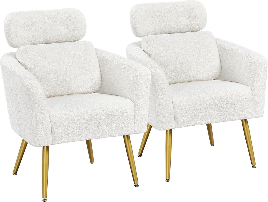 2x White Boucle Accent Chairs Adjustable Headrest Lumbar Lounge Armchairs