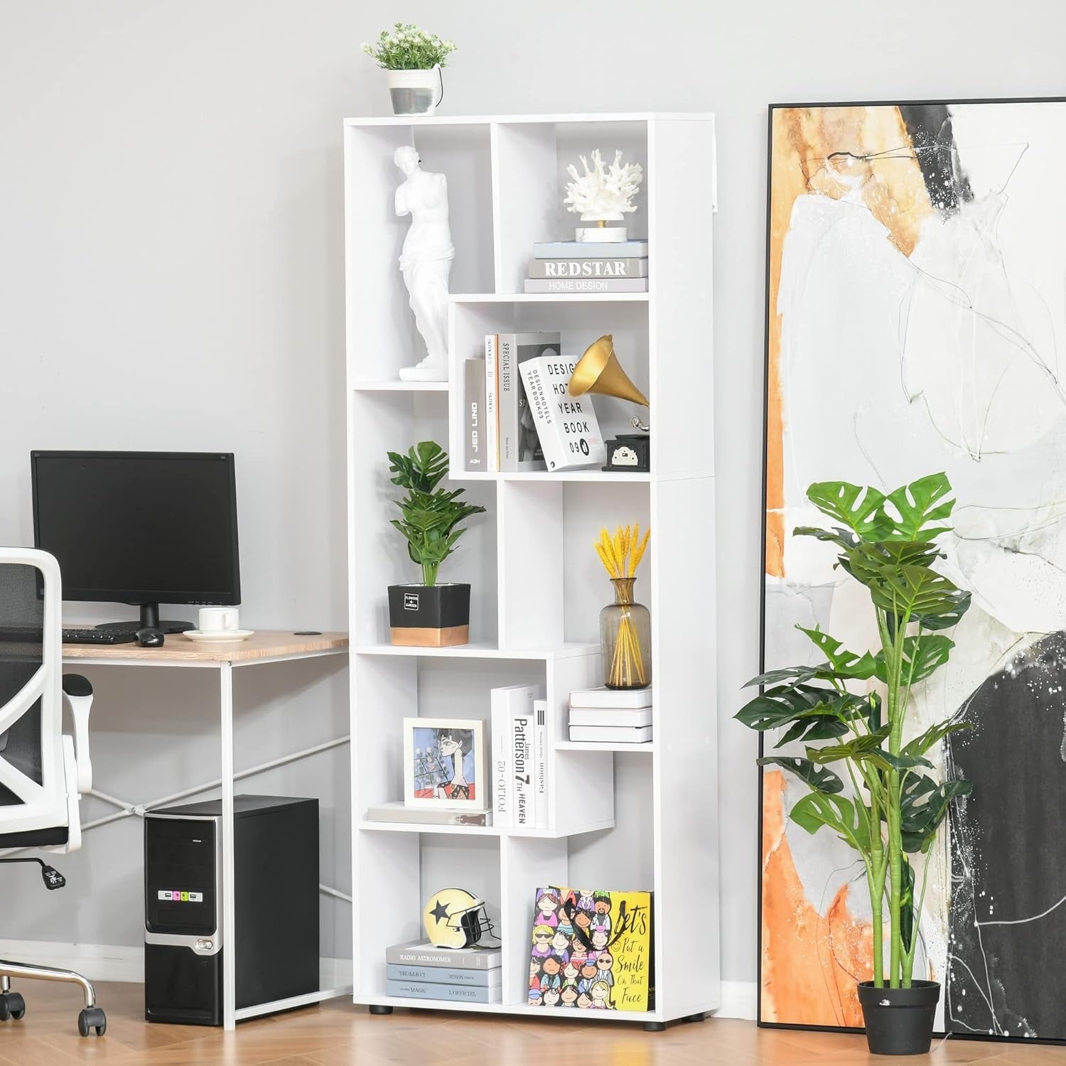Modern 8-Cube Tall Bookcase Room Divider – Freestanding Storage Shelf White 178c