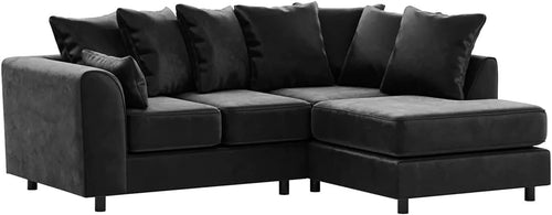 Black Velvet Corner Sofa 4 Seater L Shape | RH Full Foam Seating | Modern Chaise