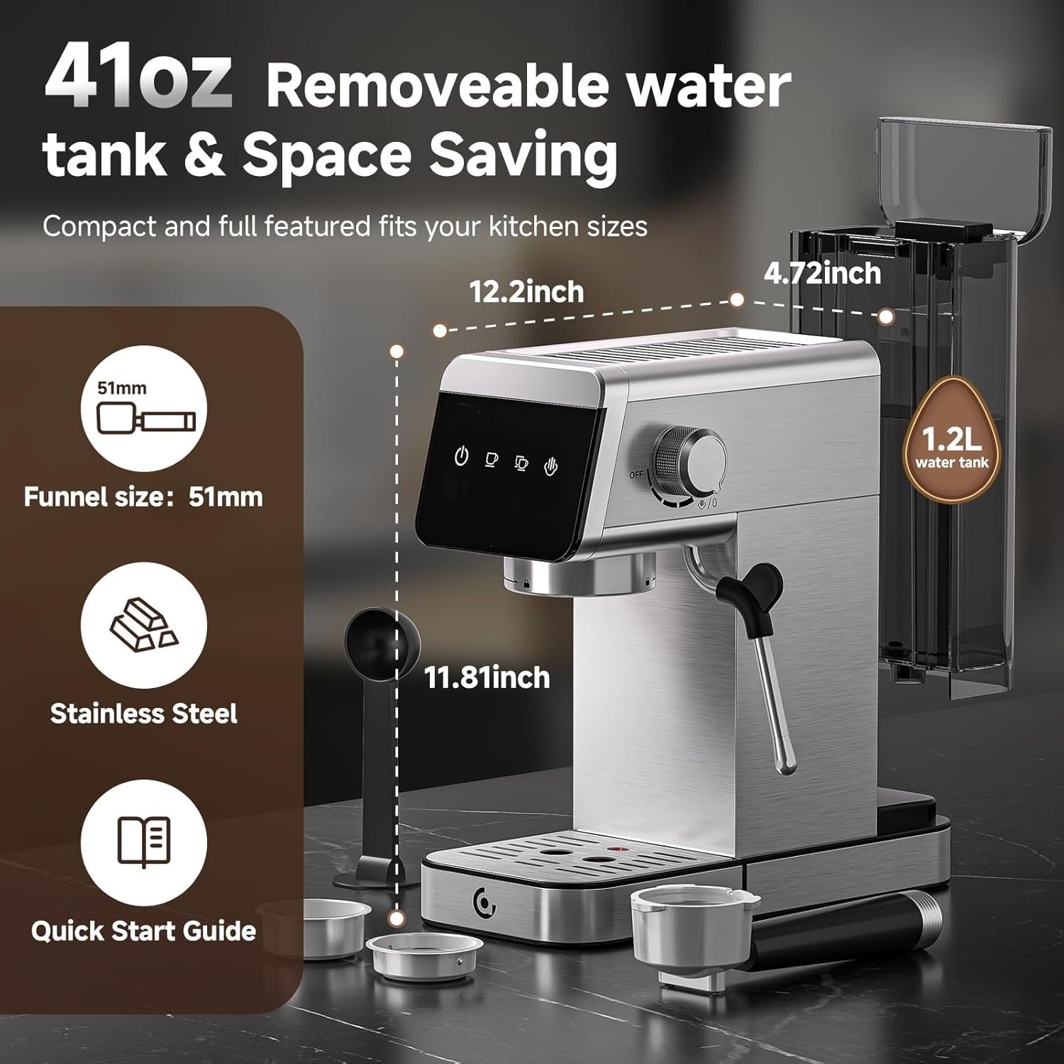 20 Bar Espresso Machine 1350W | LED Touch Control | Milk Frother | Compact Steel