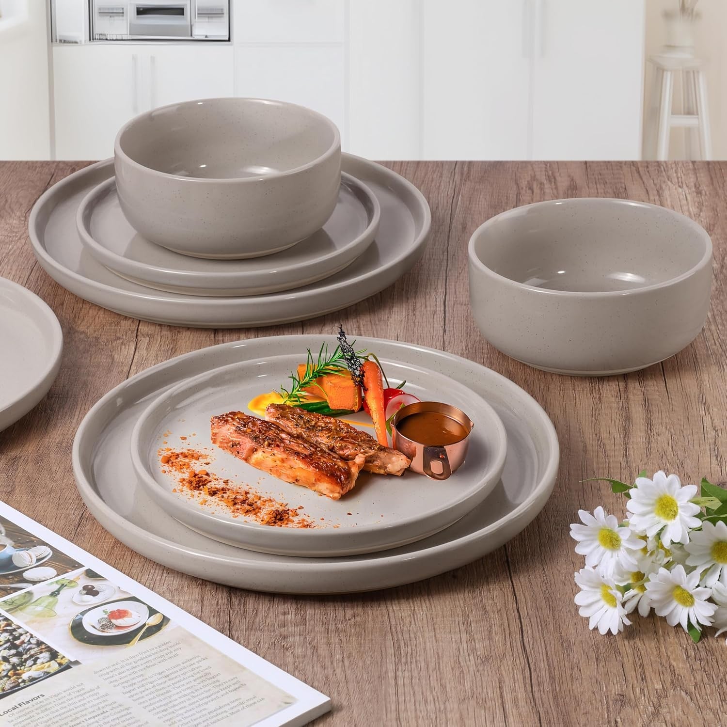 6pc Stoneware Dinnerware Set Plates Bowls Speckled Cream for 2