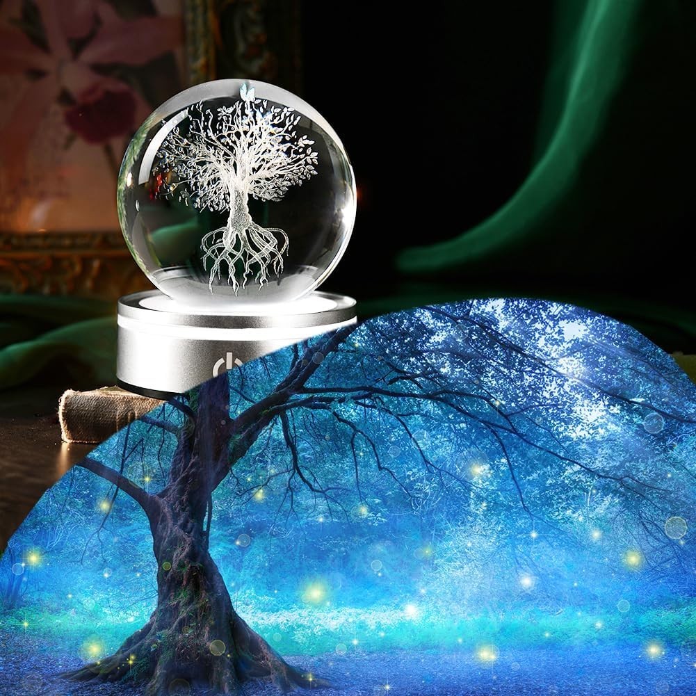 3D Tree of Life Crystal Ball LED Light • Engraved Glass Sphere Ornament