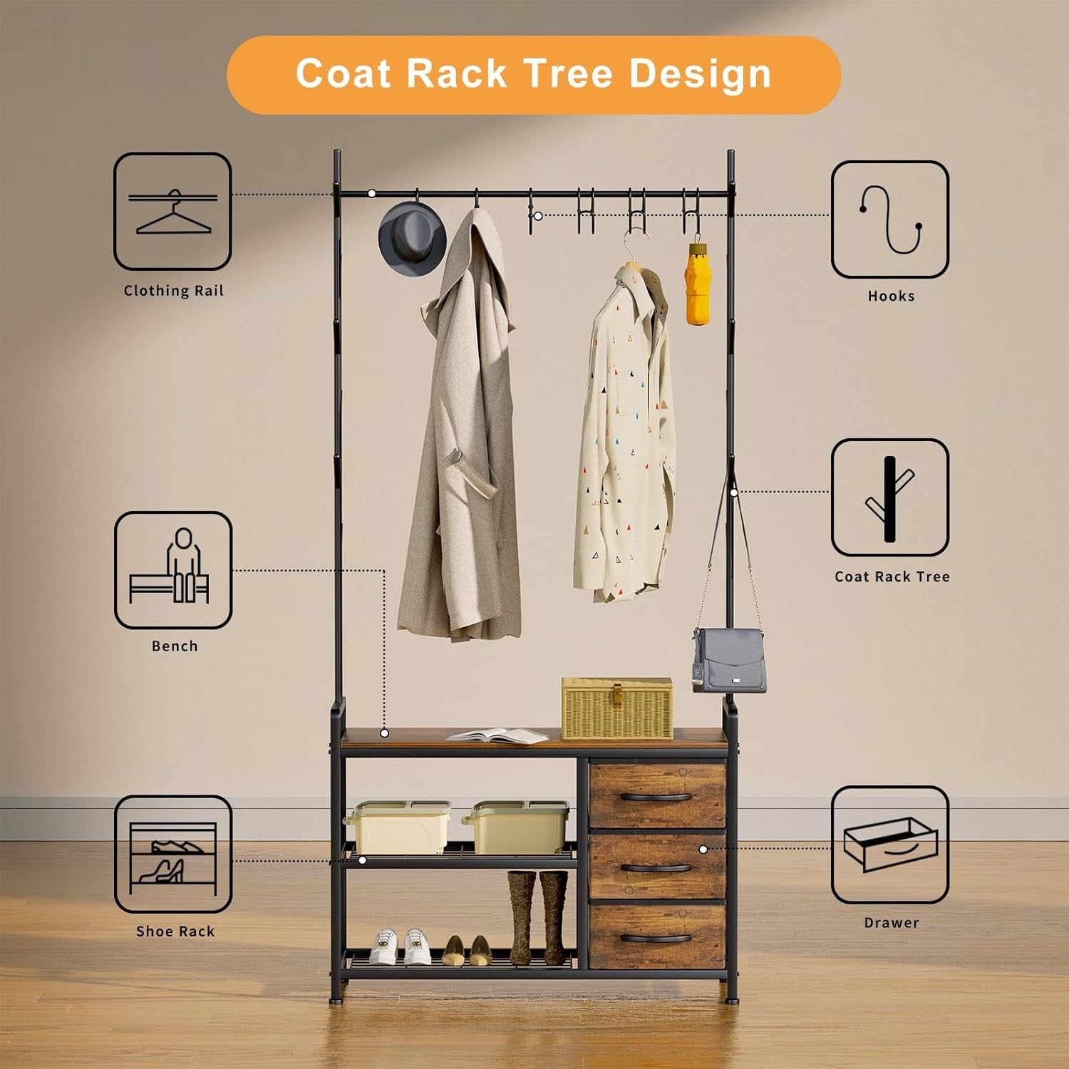 Industrial Coat Rack with Drawers & Shoe Bench | Rustic Brown Hall Tree Stand