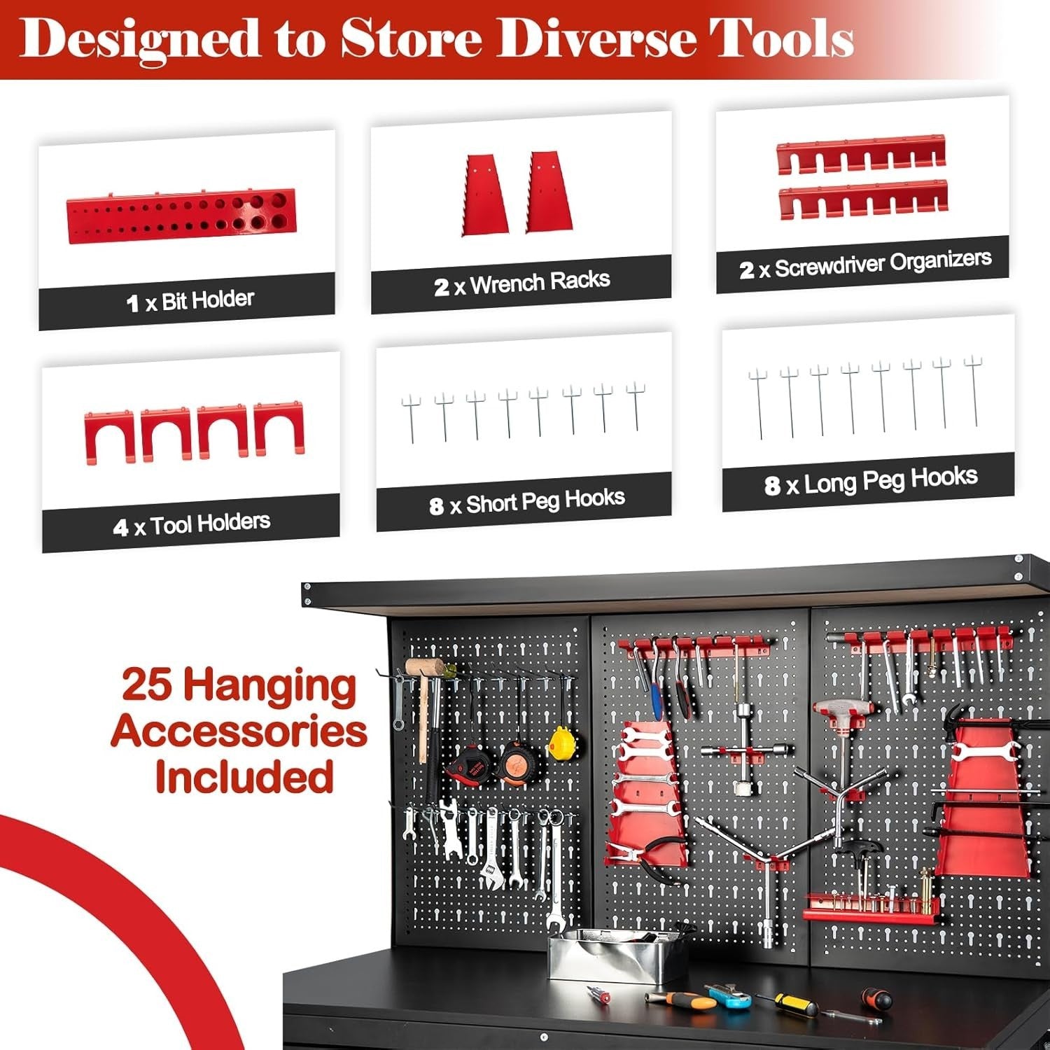 Heavy Duty Garage Workbench with Pegboard Drawers Shelves 435kg Tool Station