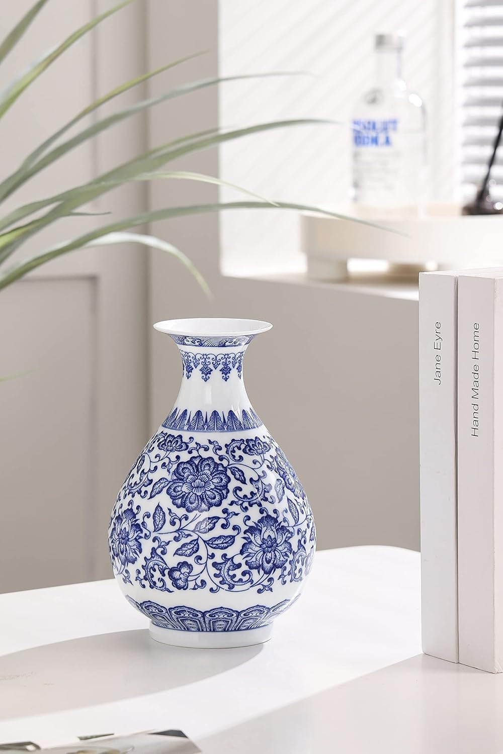 Blue White Chinoiserie Ceramic Vase 8in Glossy Floral Table Centerpiece