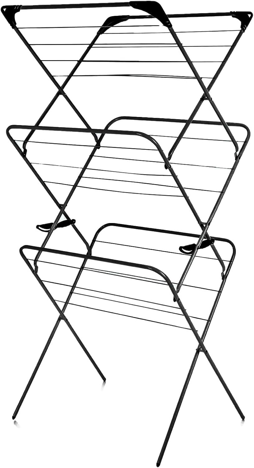 3 Tier Clothes Airer 14m Folding Laundry Drying Rack Indoor Compact Black