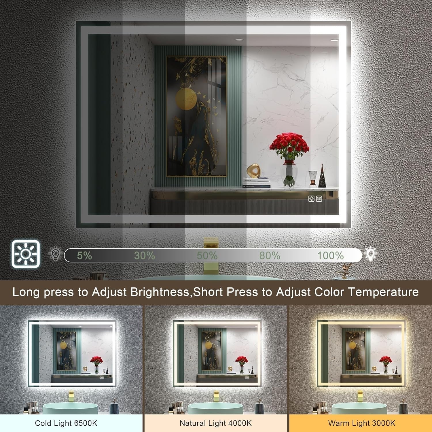 LED Bathroom Mirror 60x80 cm Anti-Fog, Dimmable Lights & Memory Function