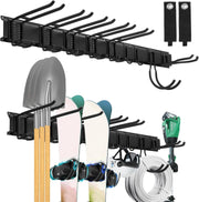 Garage Tool Rack Wall Mounted 9 Adjustable Hooks Heavy Duty Steel Black