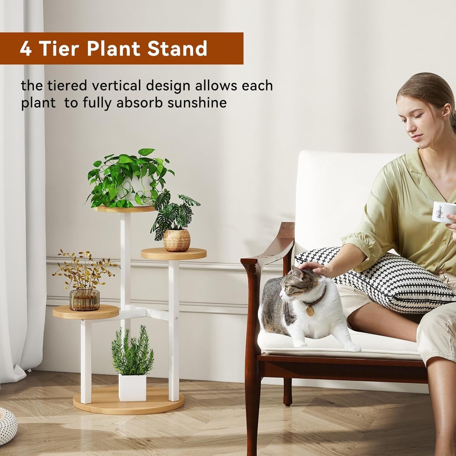 4 Tier White Metal Wood Plant Stand | Modern Corner Flower Pot Display Shelf