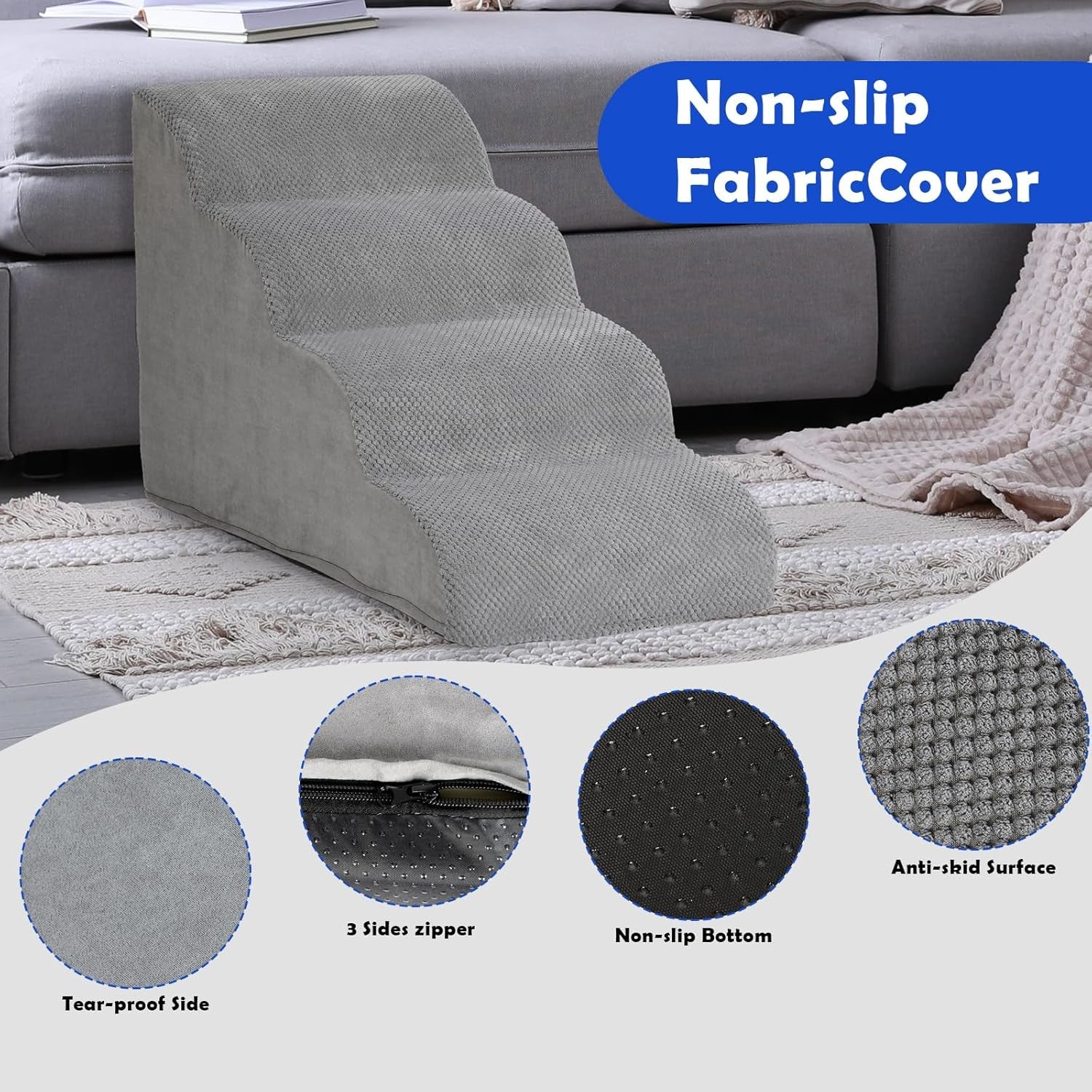 4 Step Dog Stairs Extra Tall Foam Pet Ramp Non Slip Grey