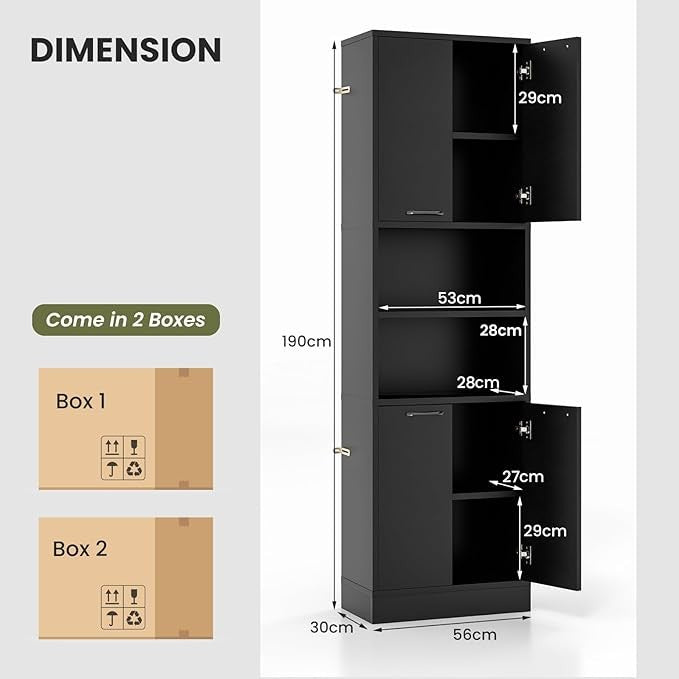 Tall Kitchen Cupboard Pantry Storage Cabinet 4 Door Shelves Freestanding Black M