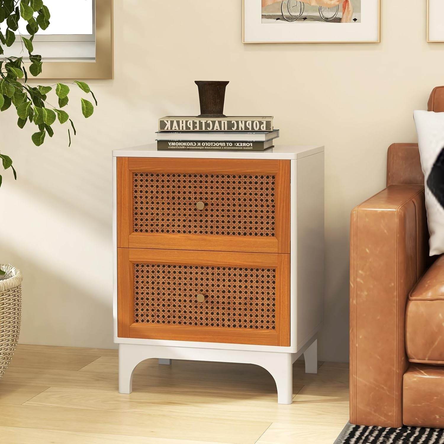 Modern Rattan Bedside Tables Set of 2 with Drawers | Wood Storage Nightstands