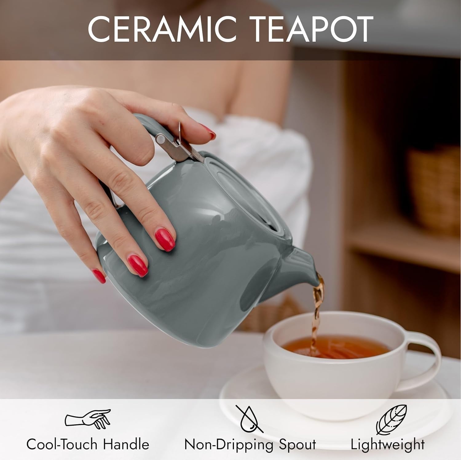 Ceramic Teapot with Infuser 550ml Loose Leaf Tea Pot for 2 Cups Grey