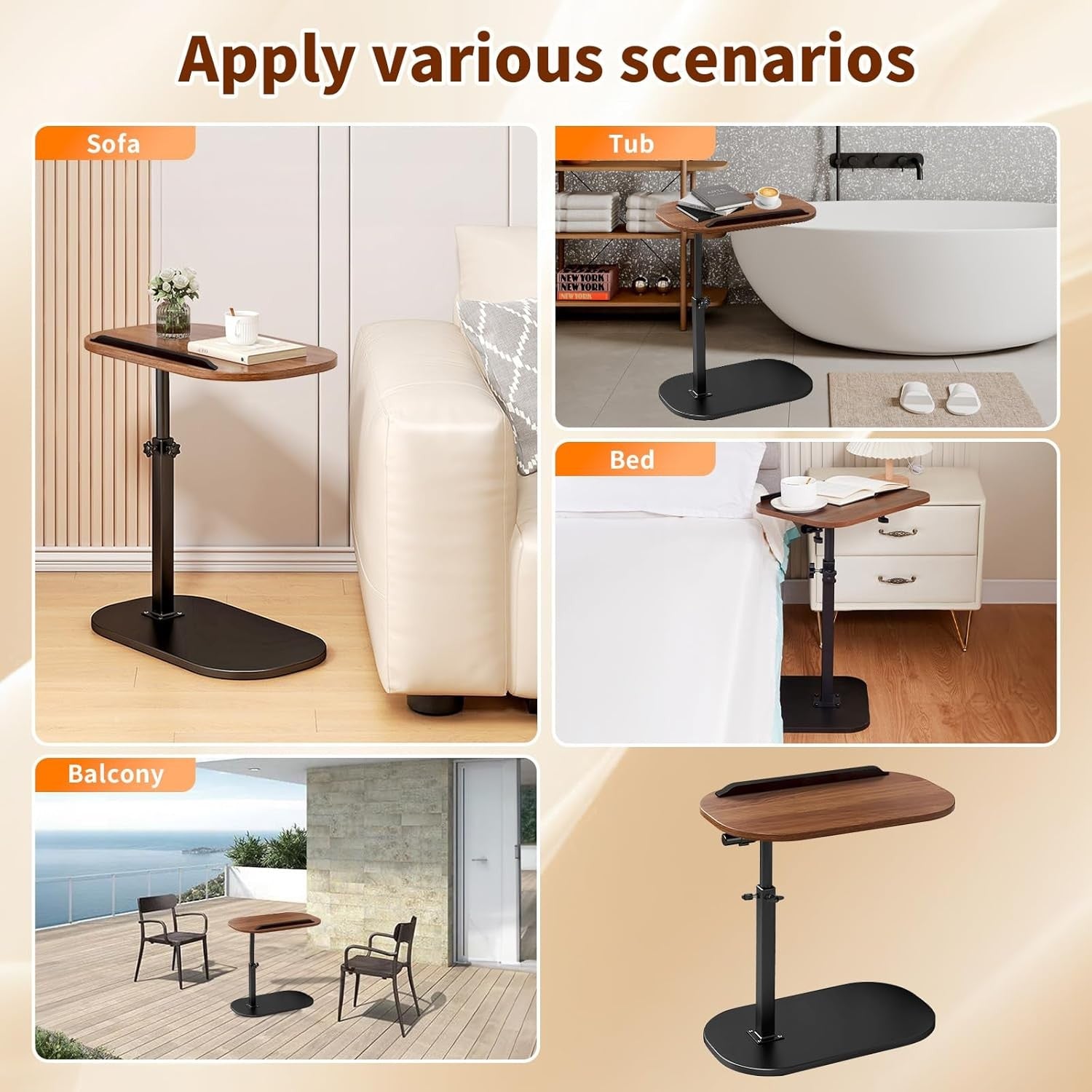 C Shaped Adjustable Sofa Side Table Laptop Desk 360° Swivel Bedside Stand