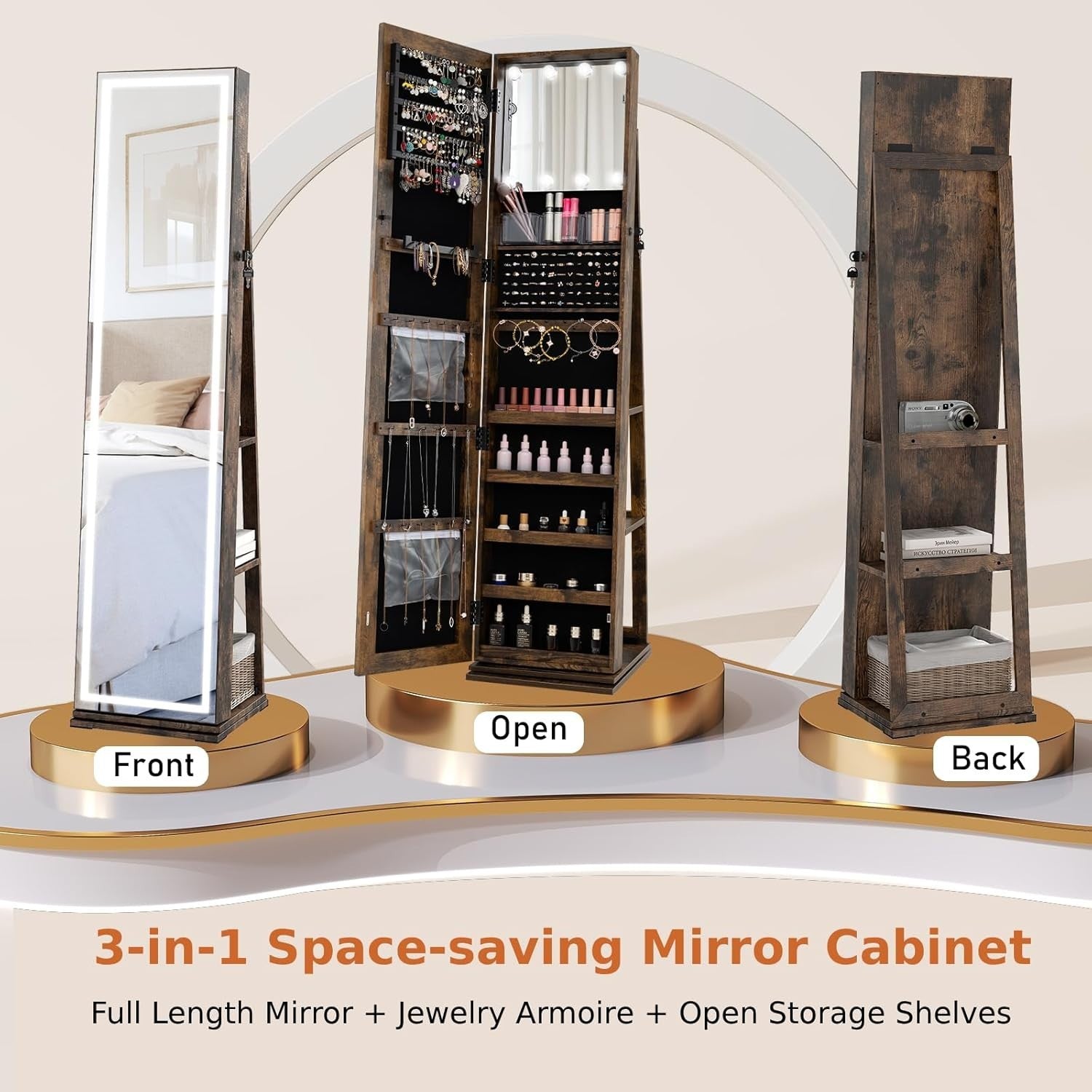 Rustic Brown 360° Swivel LED Jewelry Cabinet Mirror Lockable Storage
