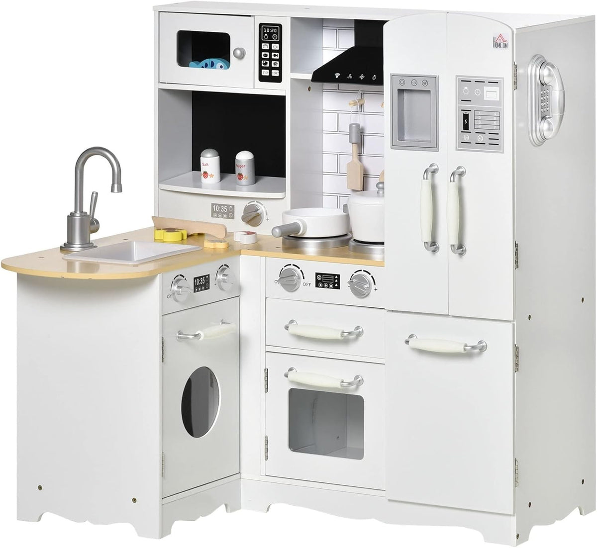 Wooden Kids Play Kitchen White Toy Set Fridge Oven Microwave Sounds