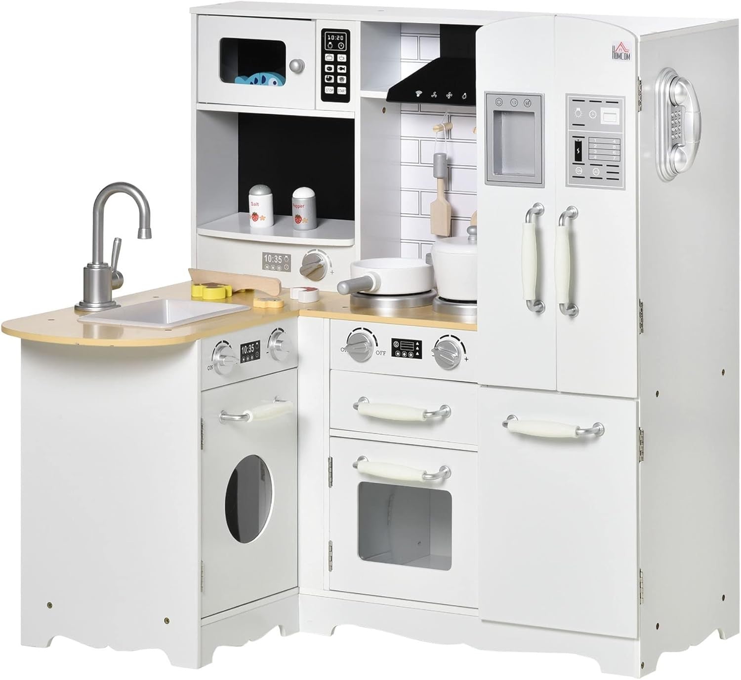 Wooden Kids Play Kitchen White Toy Set Fridge Oven Microwave Sounds