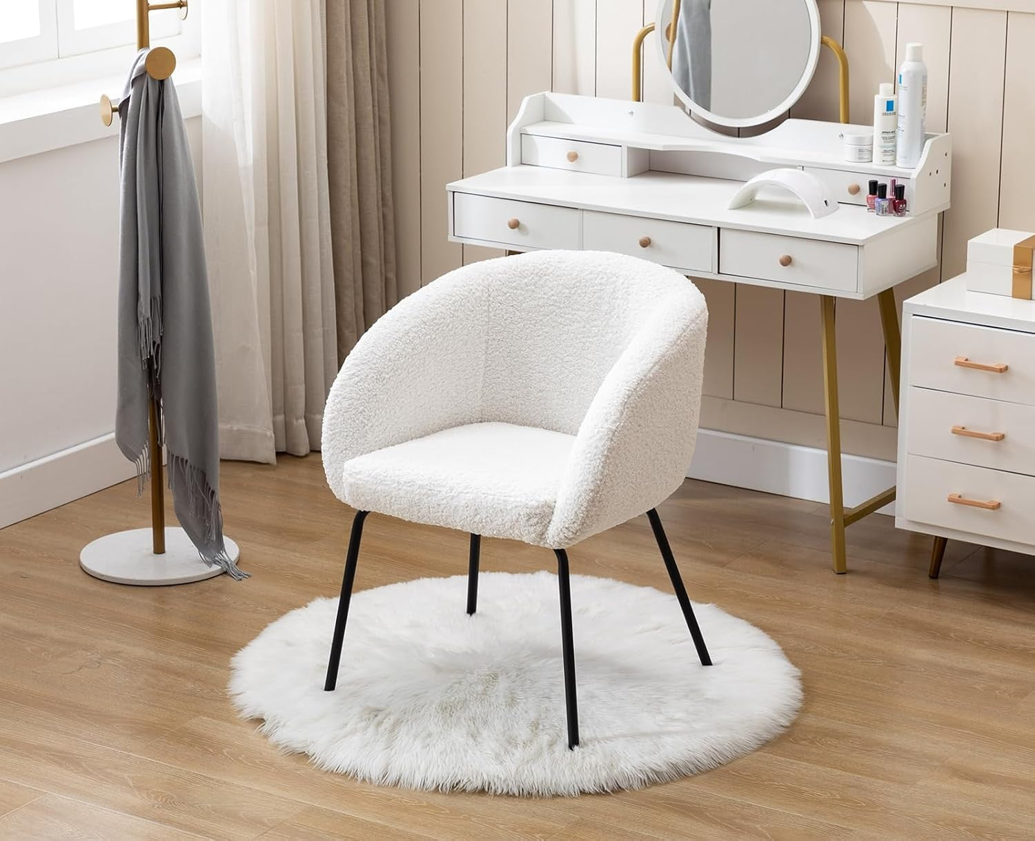 Faux Fur Tub Chair White Accent Armchair Metal Legs