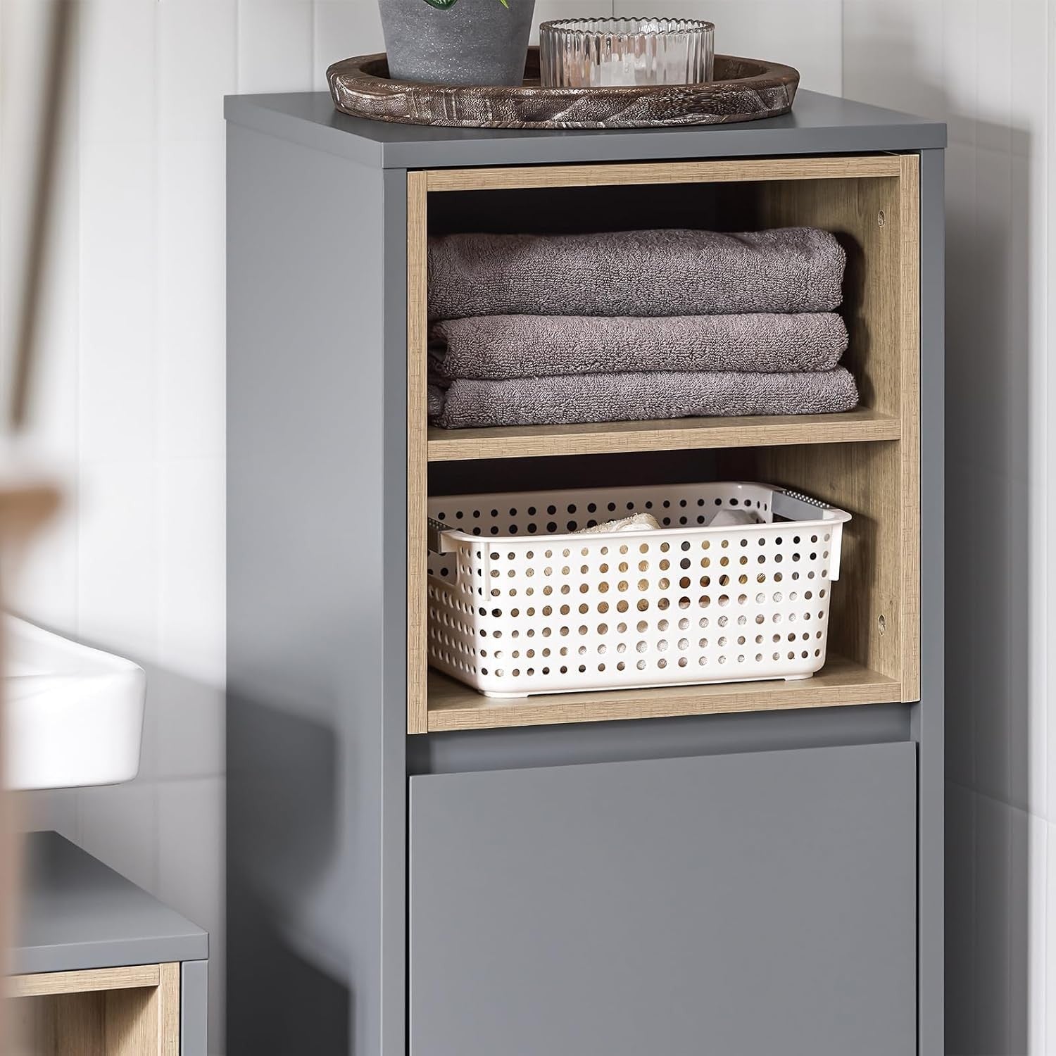 Slim Bathroom Storage Cabinet with Fold-Out Laundry Basket Grey 35×105cm