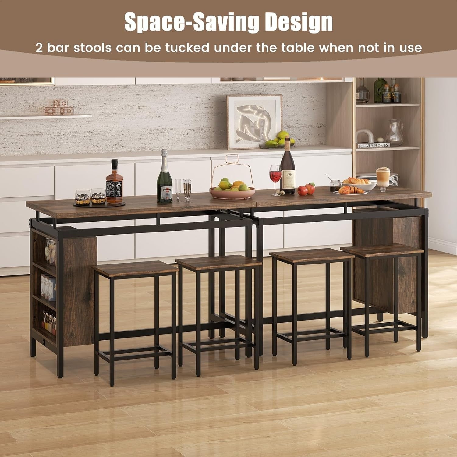 3 Piece Bar Table with Shelves & 2 Stools Space Saving Breakfast Dining Set Home